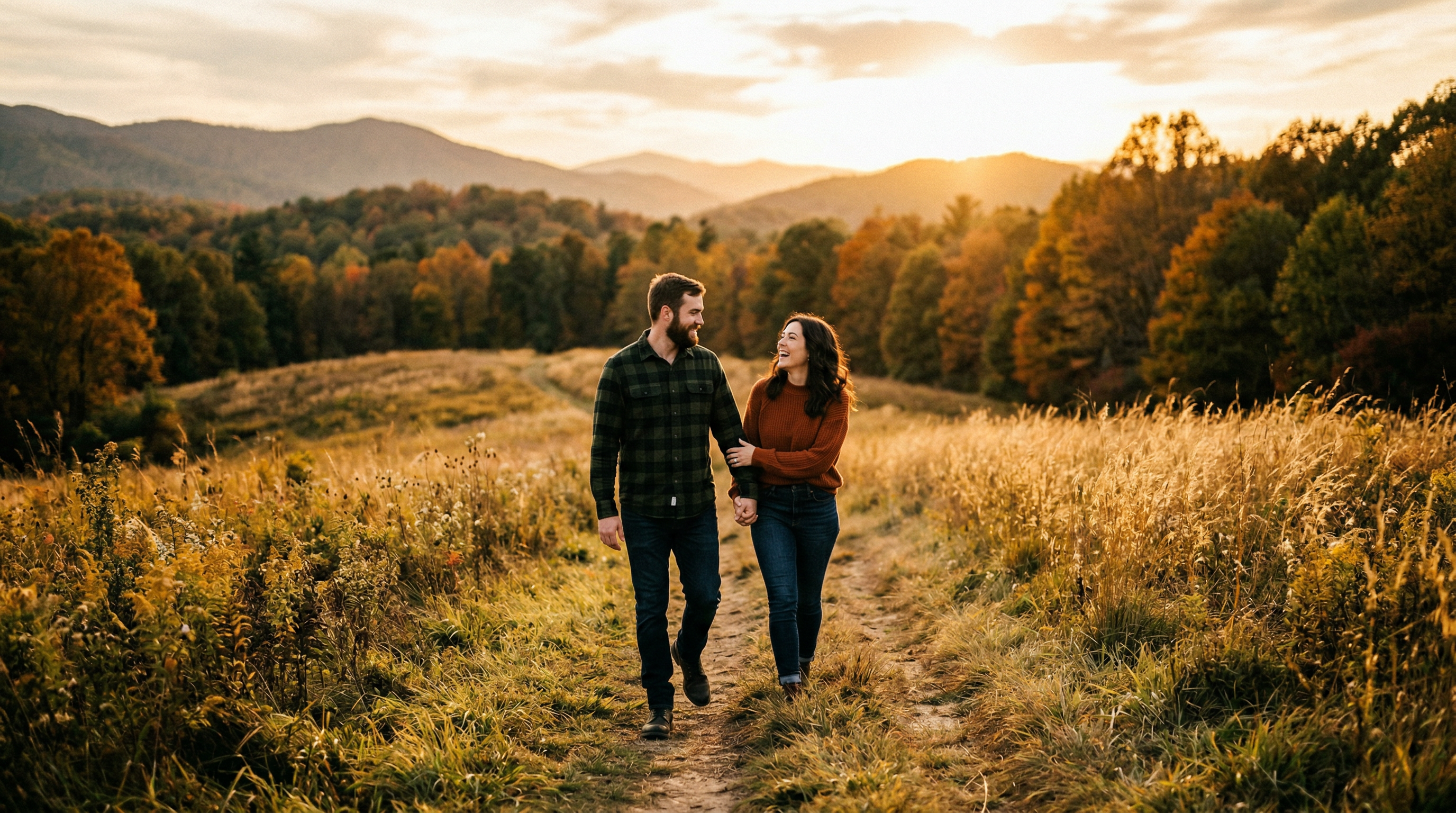 Couple walking through North Georgia golden fields at sunset